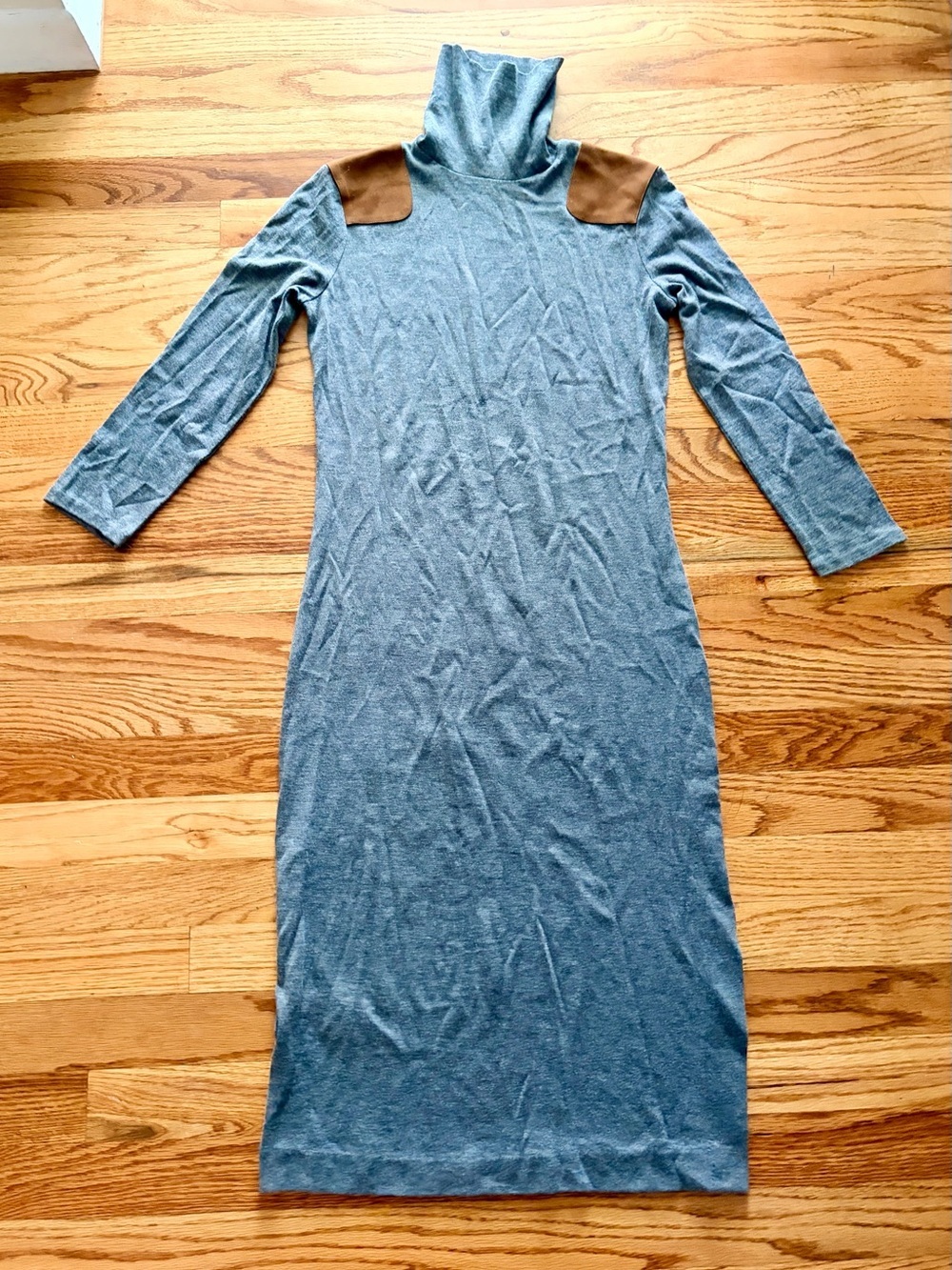 Ralph Lauren Slate Grey Turtleneck Maxi Dress with Suede Brown Shoulder Patches